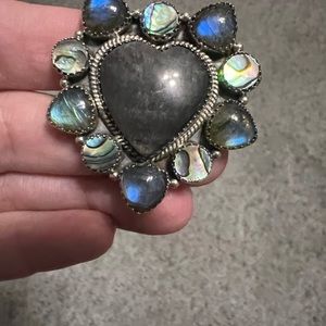 Sterling silver Black obsidian, labradorite, abalone shell heart cluster ring